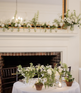 English-garden-wedding-historic-venue-white-and-green-floral-design-stunning-flowers-roses-connecticut-wedding-westchester-wedding-New-York-City-wedding-white-roses-wedding-bouquet-ranunculus-ferns-Ridgefield-fireplace-mantle-flowers-sweetheart-table